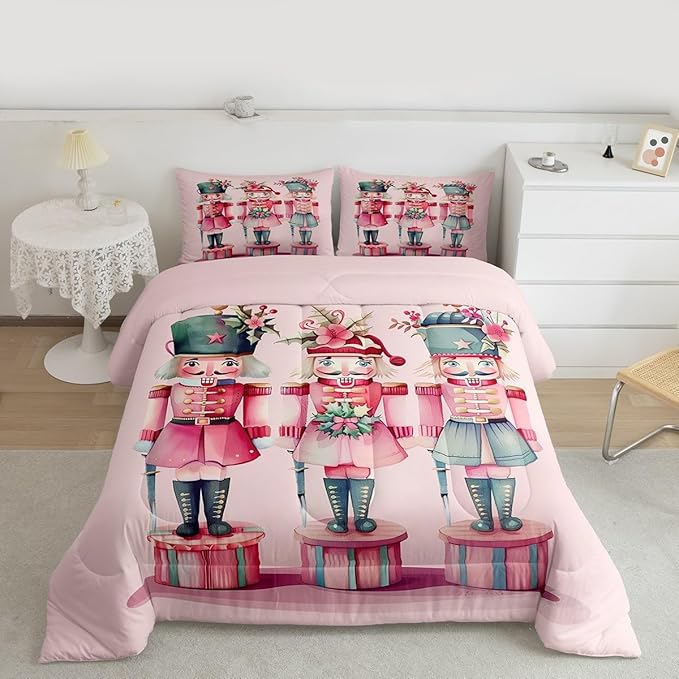Feelyou Christmas Decorations Nutcrackers Kids Comforter Set Full Size Pink Christmas Bedding Set Funny Nutcracker Duvet Quilt for Kids Boys Girls Bedroom Berries Printed Decor Kawaii Soft Breathable