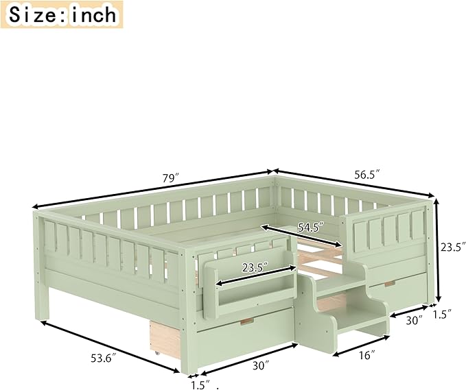 Bellemave Full Size Bed with Slats and Stairs, Full Size Platform Bed Frame with Fence, Bookshelf and Storage Drawers, Easy Assemble Beds for Kids, Girls, Boys, Green
