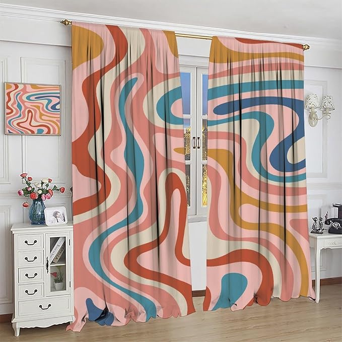 70S Abstract Wavy Swirl Curtain for Bedroom Windows,Retro Boho Minimal Teen Girls Kids Living Room Restroom Window Treatments Drapes 42" W X 63" L
