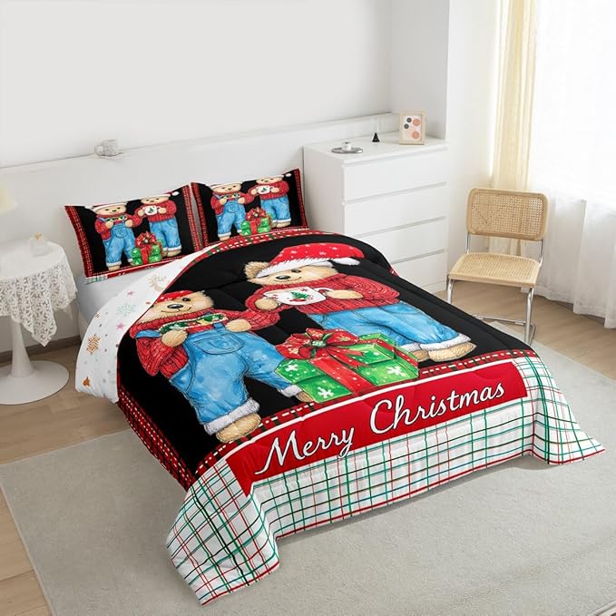 Feelyou Merry Christmas Bedding Set Soft for Boys Girls, Cute Bear Comforter Set Toddler Size Duvet Quilt Microfiber Winter Bedroom Decor 2 Pcs with 1 Pillow Cases