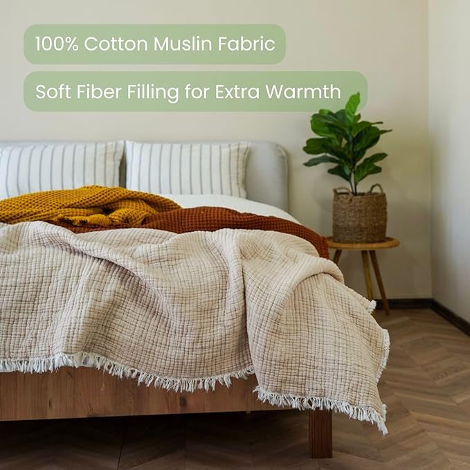 Cotton Muslin Blanket – Soft Muslin Comforter Quilt Made from Premium Muslin Fabric, Lightweight Breathable Cotton Quilt for All Seasons (Cream Beige, Twin)