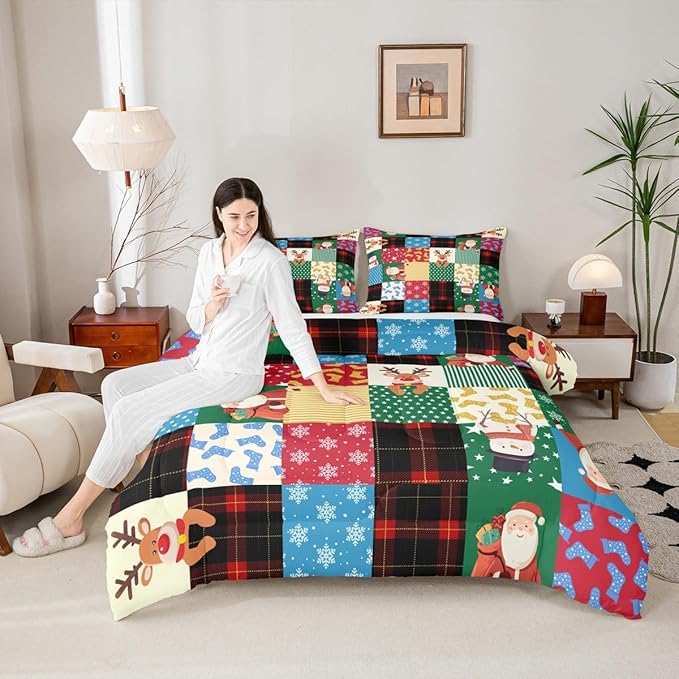 Feelyou Patchwork Christmas Bedding Set Soft for Boys Girls, Santa Claus Reindeer Comforter Set Toddler Size Snowman Duvet Quilt Microfiber Snowflake Bedroom Decor 2 Pcs with 1 Pillow Cases
