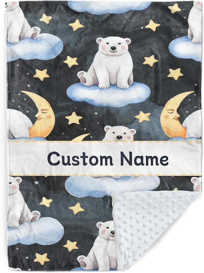 Custom Baby Blanket with Name, Double Layer Soft Dot Back Personalized Baby Blanket for Boys Girls, Polar Bear Blanket for Newborn Toddler, Customized Swaddle for Kids Birthday Gifts(60" x80)