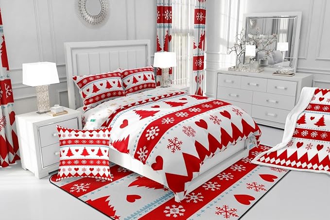 Feelyou Christmas Comforter Set Twin Size Xmas Tree Bedding Set for Kids Boys Girls Snowflake Heart Duvet Quilt Geometric Bedroom Decor Microfiber 2 Pcs with 1 Pillow Cases