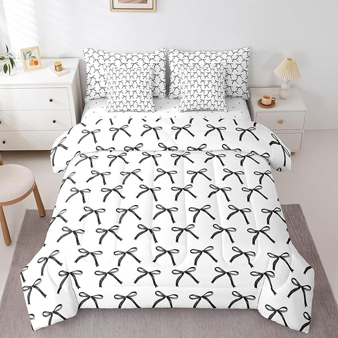 Manfei 7 Pieces Cartoon Bowknot Kids Comforter Twin Size,Bow Tie Geometric Patchwork Modern Girls Bedding Set,Bow Butterfly Knot Black White（Comforter+Fitted+Flat+2 Pillowcases+2 Throw Pillow Covers）