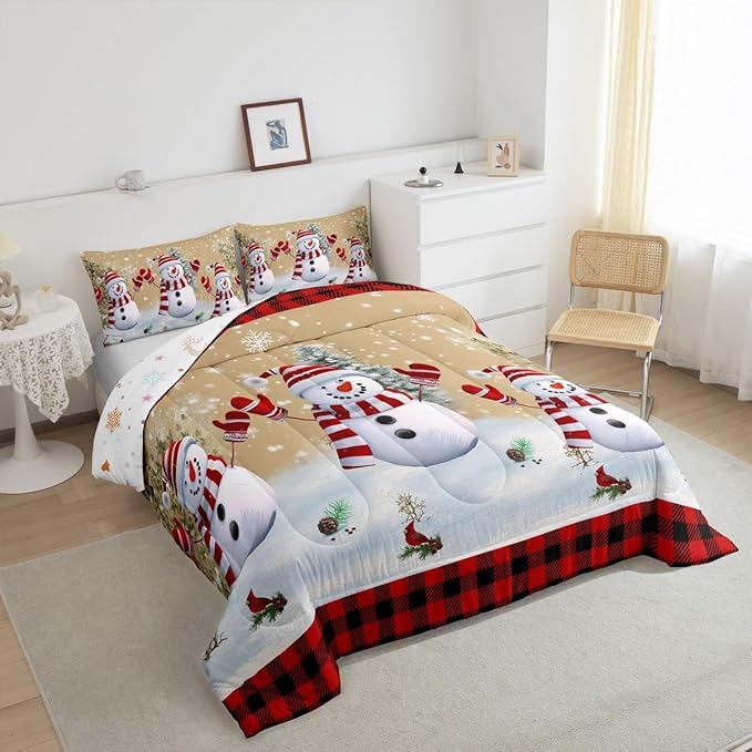 Cartoon Snowman Kids Christmas Comforter Set Full Size,Pines Snowflake Rustic Bedding,Girls Boys Adults Bedroom/Xmas Cabin Decor,Grids Geometric Down Comforter,Farmhouse Duvet Insert,2 Pillowcases