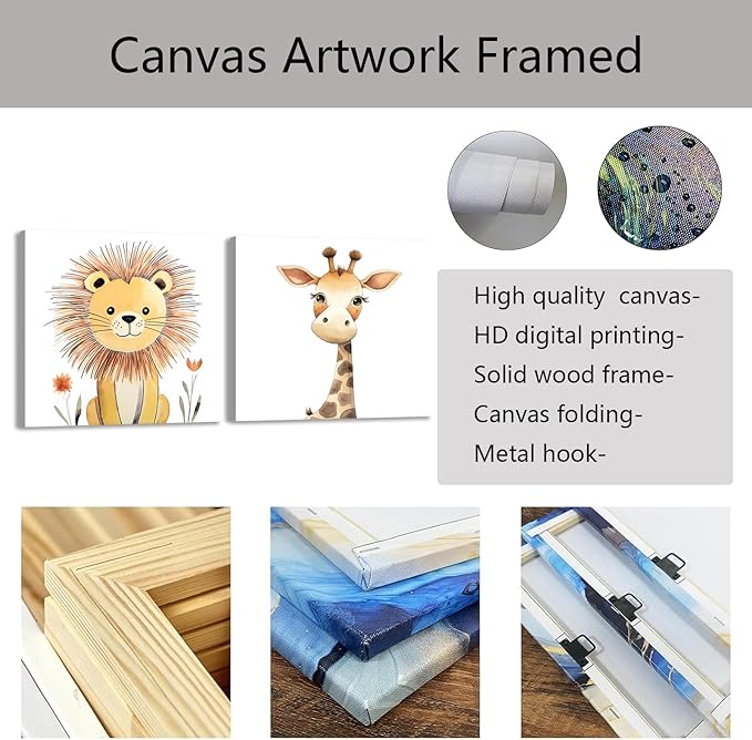 Baby Animal Framed Canvas Wall Art Set of 2 - Cute Baby Lion Giraffe Paintings Posters Woodland Animals Pictures Prints for Kids Room Bedroom Decor(Artwork-03, 12"x12"x2P)