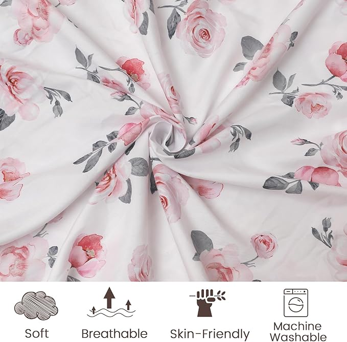 PHF 3 Pack Soft Mini Crib Sheets, Rose Floral Silky Pack N Play Sheets for Baby Boys Girls, Universal Fit for Pack N Play, Playard, Portable and Mini Crib Mattresses, Pink Floral