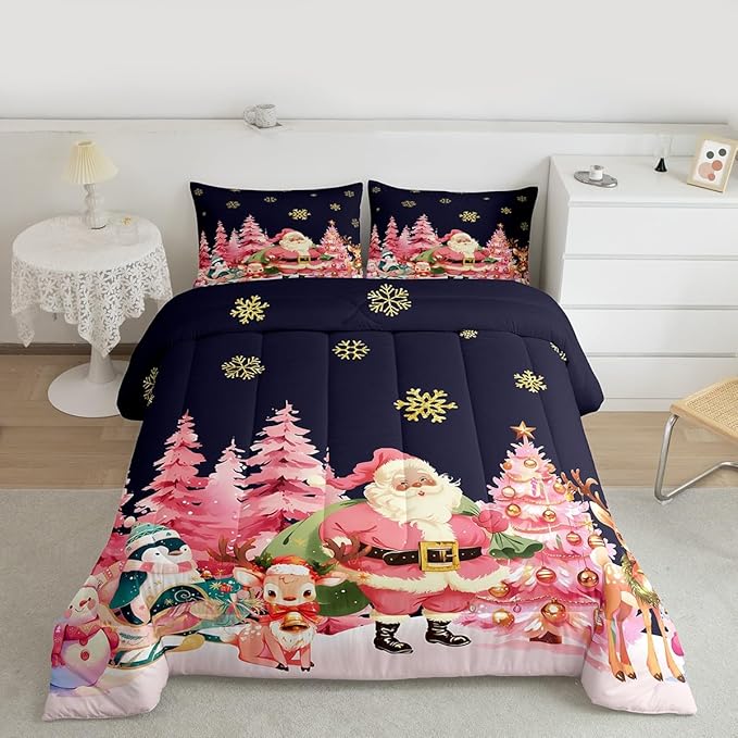 jejeloiu Merry Christmas Comforter Set Toddler Size Santa Claus Bedding Set for Kids Boys Girls Cute Deer Duvet Quilt Dark Blue Bedroom Decor
