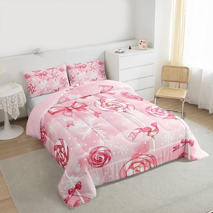 Feelyou Pink Bow Comforter Set Toddler Size Pink Lollipops Bedding Set for Kids Boys Girls Watercolor-Style Duvet Quilt Xmas Snowflake Bedroom Decor Christmas Microfiber 2 Pcs with 1 Pillow Cases