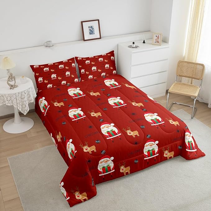Feelyou Santa Claus Comforter Set Christmas Deer Decorations Bedding Set for Kids Boys Girls Winter Snowflake Comforter Merry Christmas Khaki Red Quilt Collection 2Pcs Twin Size