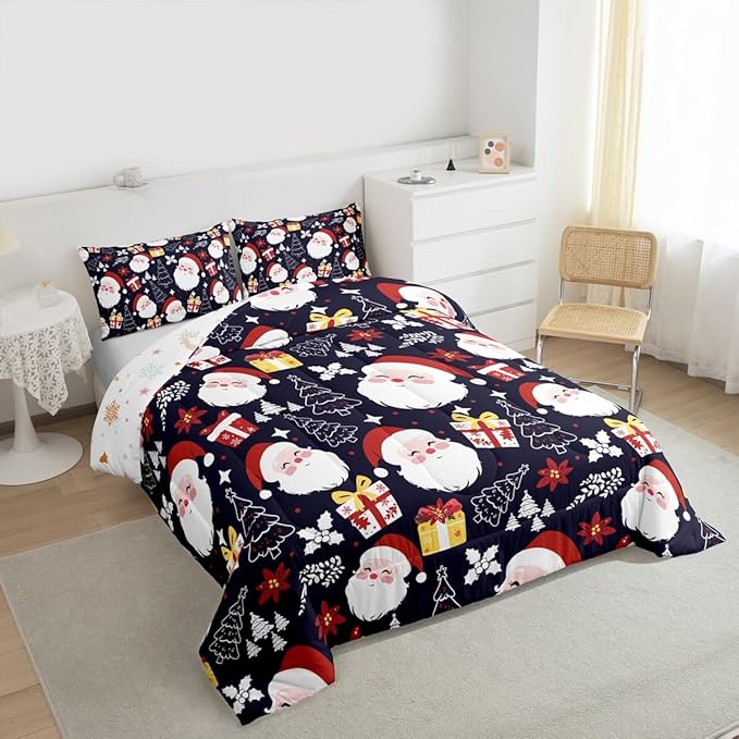 jejeloiu Santa Claus Comforter Set Twin Size Merry Christmas Bedding Set for Kids Boys Girls Xmas Themed Duvet Quilt Dark Blue Bedroom Decor