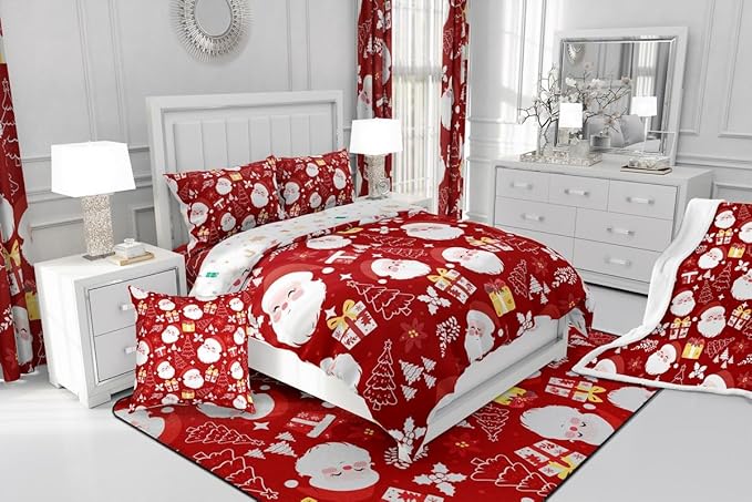 jejeloiu Santa Claus Comforter Set Toddler Size Merry Christmas Bedding Set for Kids Boys Girls Xmas Themed Duvet Quilt Red Bedroom Decor