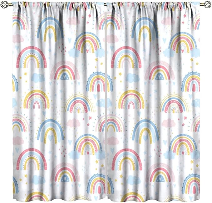 Kids Rainbow Curtains Boho Cartoon Colorful Stars Love Heart Lovely Abstract Art Pattern Print Window Drapes for Girl Bedroom Living Room Kitchen Decor,2 Panel Set,63Wx63H Inch Blackout