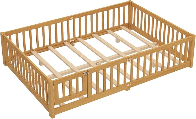 Harper & Bright Designs Queen Size Montessori Bed with Door and Fence, Kid's Floor Bed Frame with Solid Wood Support Slats for Boys, Girls, Natural