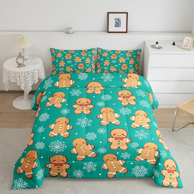 Erosebridal Christmas Gingerbread Full Bedding Set 7 Piece,Cute Gingerbread Man Bed in A Bag for Kids,Xmas Snowflake Comforter Set Kawaii Xmas Sheet Set with Comforter,Green Christmas Decoration