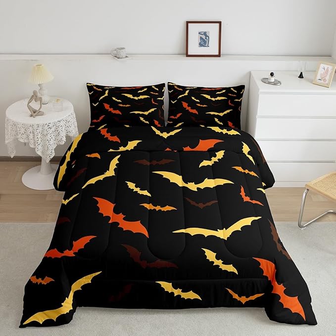 Erosebridal Bat Comforter Set for Kids Halloween Quilt Bats Animal Silhouette Bedding Set King Size Happy Holiday Gothic Style Bedding Comforter Sets with 2 Pillow Cases,Yellow and Orange