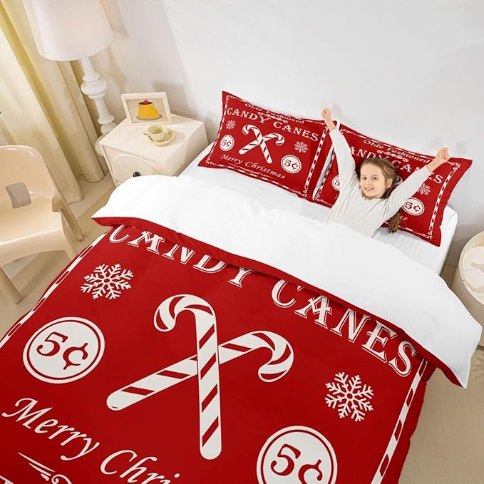jejeloiu Christmas Bedding Set for Kids Boys Girls Christmas Quote Comforter Cover Set Full Size Candy Canes Print Duvet Cover Bedroom Decor Xmas Red Bedspread Cover Bedding Collection 3Pcs
