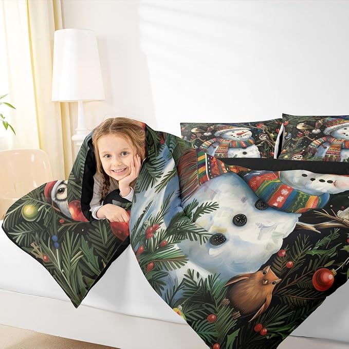 Feelyou Christmas Bedding Set Soft for Boys Girls, Holiday Snowman Birds Comforter Set Full Size Xmas Owl Branch Berry Duvet Quilt Microfiber Snowflake Bedroom Decor 3 Pcs with 2 Pillow Cases