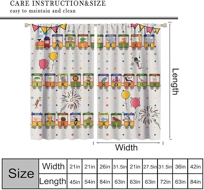 Alphabet Train Kids Curtain Animals Alphabet Children Teens Early Learning Printed Rod Pocket Blackout Window Treatments for Classroom Bedroom Nursery Playroom 42" W X 45" L