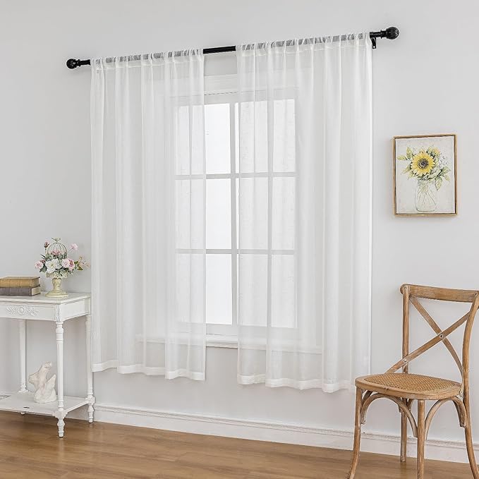 Off White Sheer Curtains 63 Inch Length 2 Panels, 50 Inches Width, Linen Look Transparent Curtain, Rustic Textured Light Filtering Drapes, Rod Pocket Window Treatments