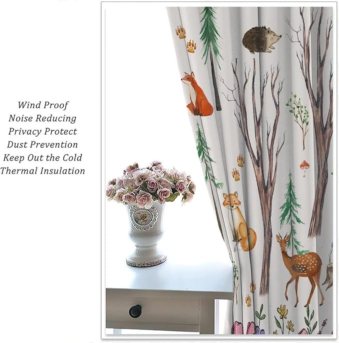 Forest Animal Kids Curtains, Watercolor Cartoon Window Treatments, Cute Animal Floral Girl Toddler Home Bedroom Living Room Drapes 63x72in