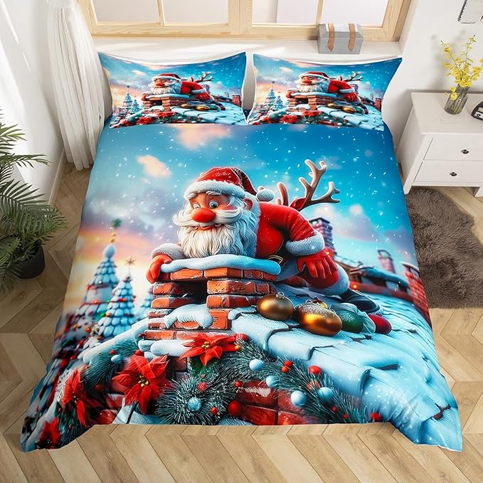 Cute Santa Claus Duvet Cover Set King Size,Winter Snow Cabin Rustic Farmhouse Bedding Set,Boys Girls Room Decor,Xmas Tree Merry Christmas Comforter Cover,White Quilt Cover,2 Pillowcases,No Comforter