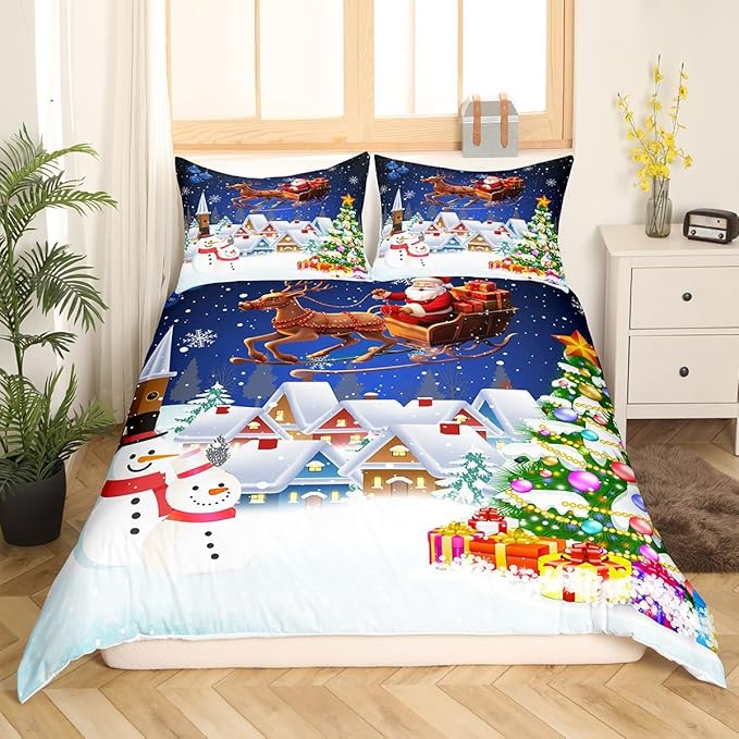 Manfei Christmas Duvet Cover Set Queen Size, Snowman Xmas Tree Santa Claus Bedding Set 3pcs, Reversible Winter Snow Cabin Holiday New Year Quilt Cover with Zipper Closure, 2 Pillowcases, No Comforter