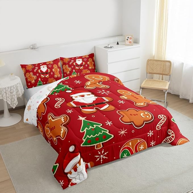 Feelyou Christmas Kids Comforter Set Toddler Size Santa Bedding Set Gingerbread Man Duvet Quilt for Kids Boys Girls Bedroom Xmas Tree Snowflake Decor Microfiber Ultra Soft Breathable