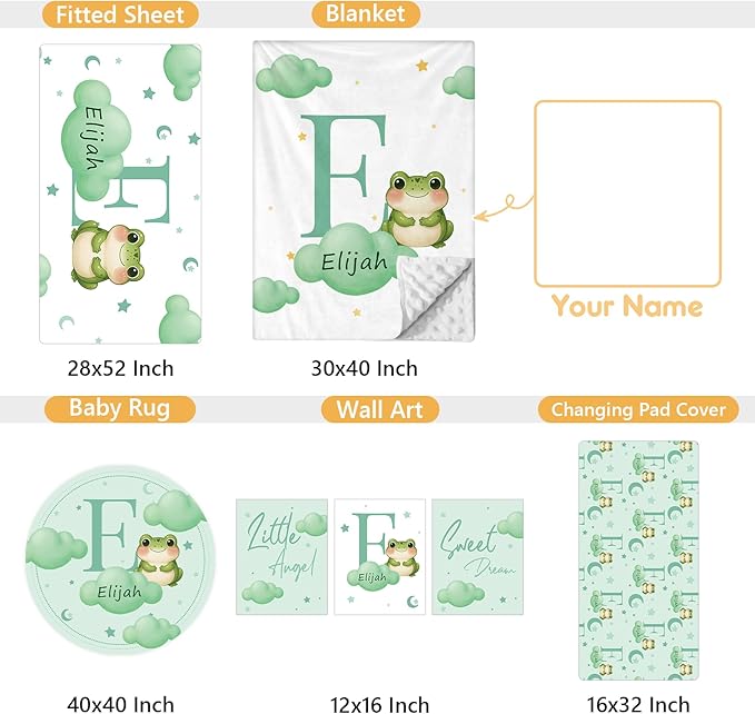 5 Piece Customized Crib Bedding Set for Baby Boys - Custom Name Baby Crib Green Frog Nursery Bedding Set with Soft Blanket, Fitted Sheet, Rug, Personalized Gifts for Toddler, Newborn, Infant