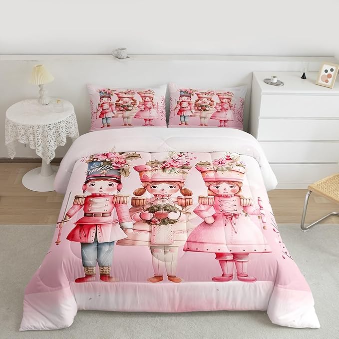 Feelyou Christmas Decor Nutcrackers Bedding Set Soft for Boys Girls, Pink Christmas Comforter Set Full Size Pink Nutcrackers Duvet Quilt Berries Printed Room Decor Kawaii 3 Pcs with 2 Pillow Cases