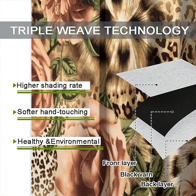 Leopard Floral Blackout Curtains, Cute Boho Floral Cheetah Animal Pattern Safari Natural Theme Window Treatments for Bedroom Living Room 42" W X 45" L