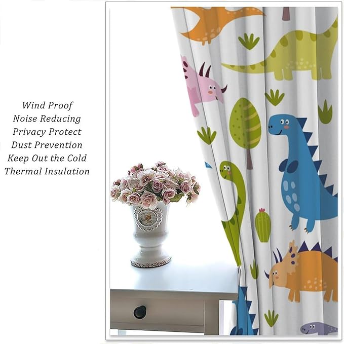 Dino Curtains, Cartoon Style Colorful Dinosaurs Pattern Blackout Window Treatments, Rod Pocket Thermal Insulated Drapes 2 Panel Sets for Kids Bedroom Nursery Classroom, 63" W X 72" L