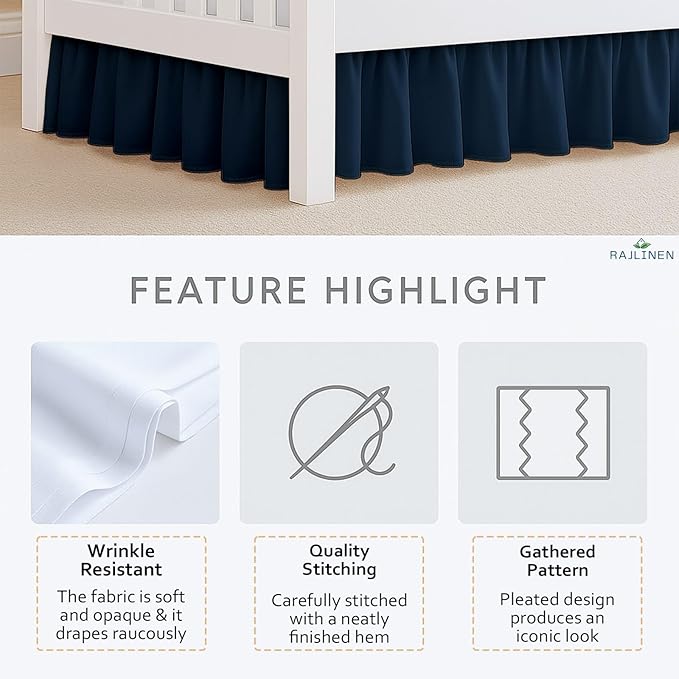 Rajlinen Ruffled Crib Bed Skirt, Microfiber, Dust Ruffle with Split Corners, 14" Drop, Nursery Toddler Bedding for Baby Boys or Girls, Navy Blue
