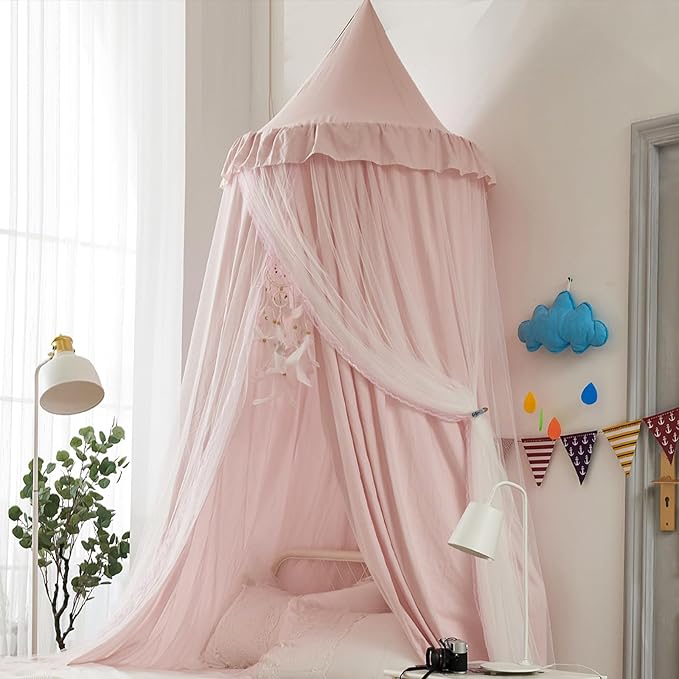 Bed Canopy for Girls, Double Layer Dome Mosquito Net Princess Canopy for Girls Bed Room Decor Reading Nook (Light Pink)