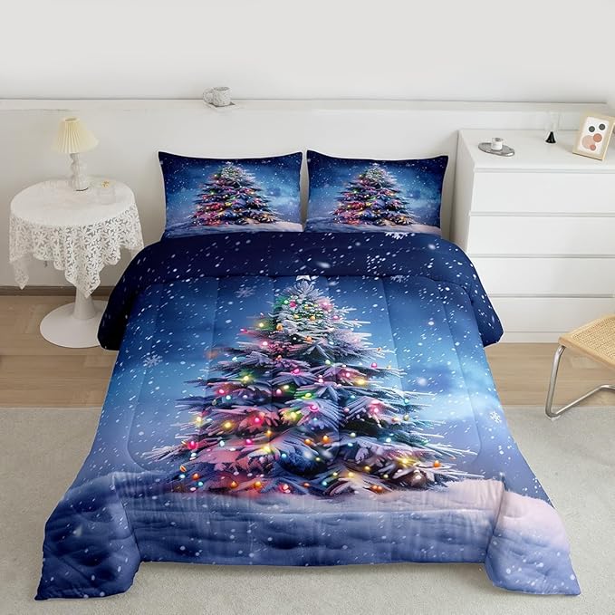 Feelyou Christmas Comforter Set All Season Xmas Tree Bedding Set with 2 Pillow Cases Colored Light Strips Microfiber Kids Full Bedclothes Snowflake Bedroom Decor Duvet Quilt Breathable Soft