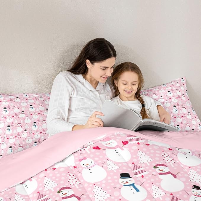 Castle Fairy Snowman Christmas Tree Comforter Set,Cartoon Pink Dreamy Bedding Set Kids Teens Modern Decor,Merry Christmas Comforter with 1 Pillowcase for All Seasons,Twin