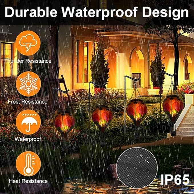 2PCS Solar Hot Air Balloon Lanterns with Flame with Shepherd's Hooks, Glass Hanging Flickering Lights Outdoor Waterproof for Garden Tree Yard Patio Mother's Day Gift, 18" H Wavy-Colorful