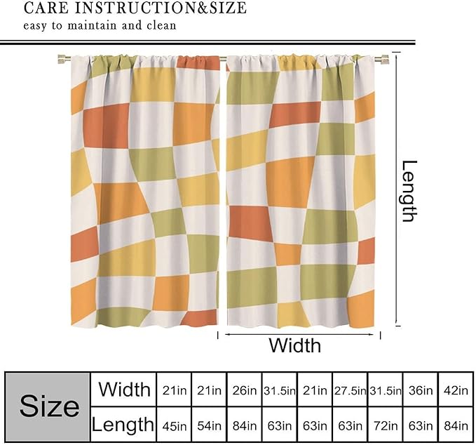 Orange Checkered Curtains,70s Vintage Twisted Checkered Window Drapes Colorful Groovy Trendy Wavy Hippie Grid Print Window Treatments for Kids Girls Bedroom Living Room Bathroom 52"W X 84"L