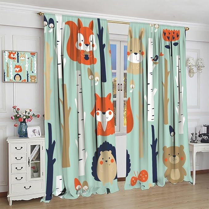 Cute Animals Curtains, Cartoon Fox Hedgehog Hare Forest Trees Blackout Window Treatments, Rod Pocket Thermal Insulated Drapes 2 Panel Sets for Kids Bedroom Nursery Classroom, 72" W X 63" L