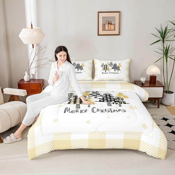 Manfei Xmas Tree Comforter Set King Size, Yellow Plaid Grid Snowflake Down Comforter with 2 Pillowcases, Christmas Theme Bedding Set 3pcs for Kids Girls Adults Room Decor New Year Duvet Insert