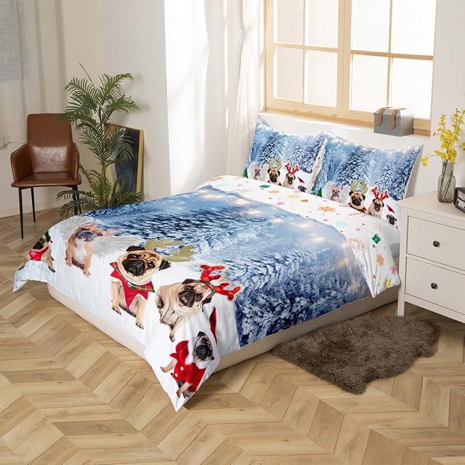 Dog Xmas Duvet Cover Cute Pug Dog Christmas Tree Style Bedding Set 3D Animal Comforter Cover for Boys Girls Children Teens Bedroom Decor White Blue Bedspread Cover Twin Size With 1 Pillow Case
