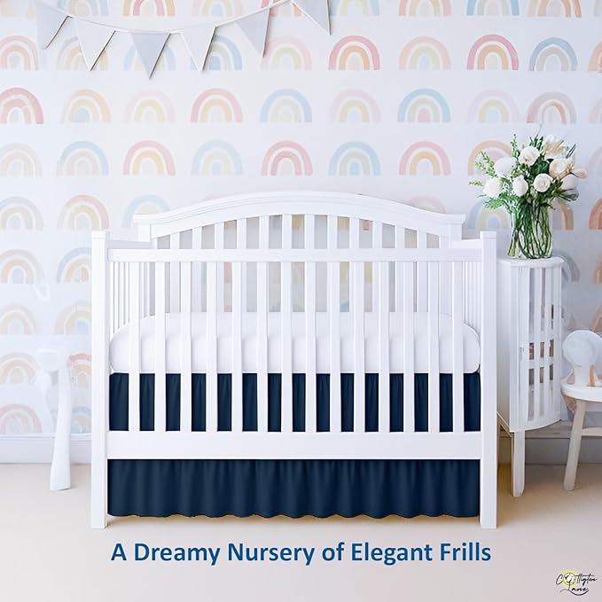 Cottington Lane Navy Blue Crib Skirt Dust Ruffle, 100% Natural Cotton, Soft, Durable Nursery Crib Toddler Bedding Skirt for Baby Girls or Boys, Fits Standard Cribs 28" x 52" with 14" Drop