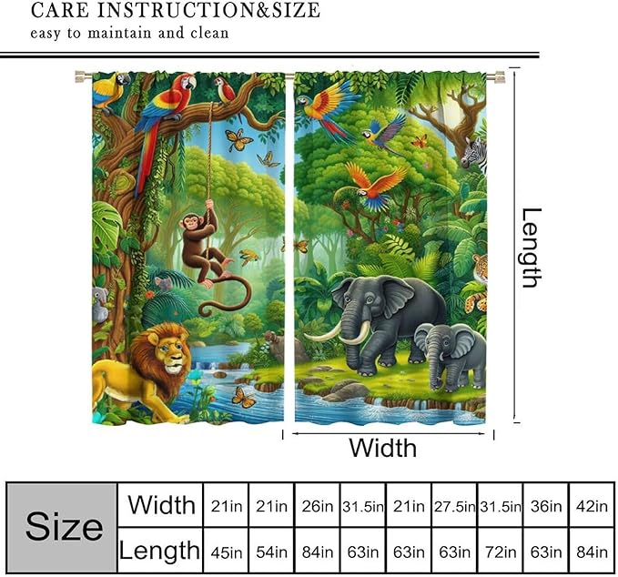 Animals Window Curtain Cartoon Jungle Forest Elephant Lion Print Curtains for Kids Boys Girls Nursery Baby Bedroom Playroom Home Decor Window Drapes 55" W X 63" L