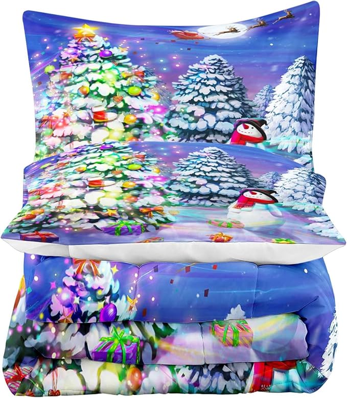 LUVIVIHOME 3PCS Christmas Comforter Set Full Size, Cute Snowman Santa Claus Kids Bedding, Winter Xmas Merry Christmas Bedroom Decor for Boys Girls Teens, Xmas Gifts, 2 Pillow Shams