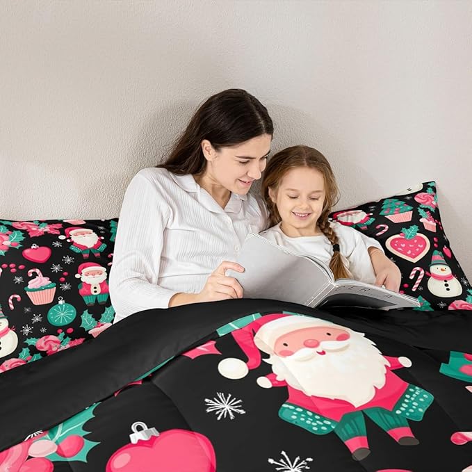 Feelyou Christmas Decor Comforter Set King Size Pink Santa Claus Bedding Set for Kids Boys Girls New Year Gift Duvet Quilt Snowman Bedroom Decor Microfiber 3 Pcs with 2 Pillow Cases