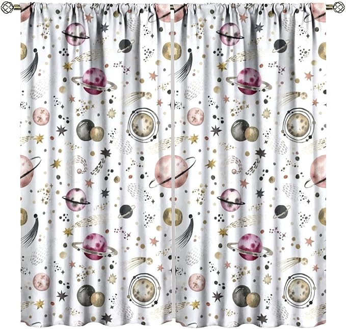 Kids Outer Space Curtains, Cartoon Galaxy Planet Universe Starry Starts Printed Window Drapes for Boys Girls Teens Bedroom Nursery 55" W X 63" L