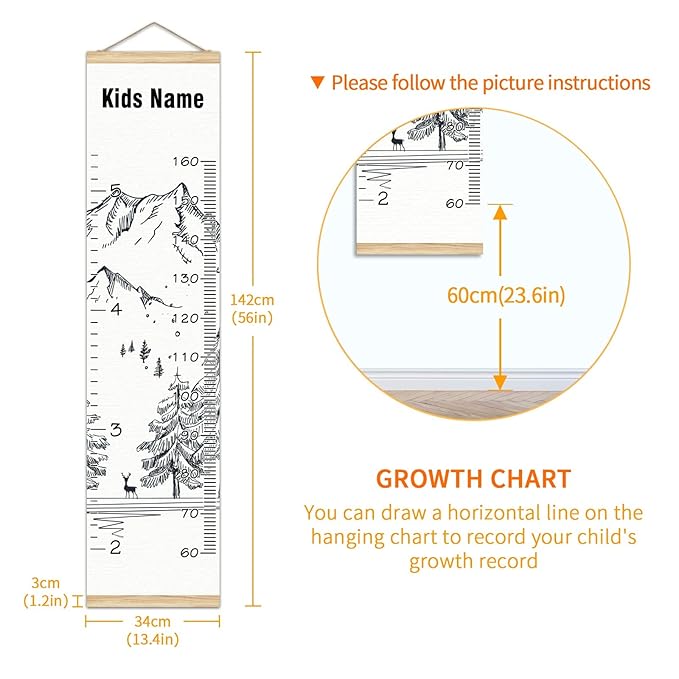Personalized Kids Name Growth Chart Ruler for Wall Wood Frame Height Measure Chart 13.4x56 in Linen Hanging Height Growth Chart Winter Mountain Kids Room Decor
