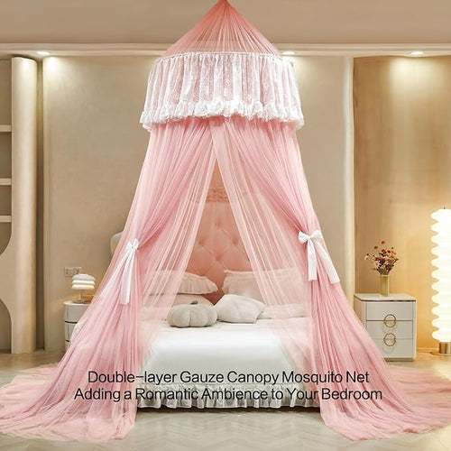AIKASY Princess Bed Canopy for Girls – Double Layer Sheer Mesh Dome with Romantic Lace Trim, Dreamy Mosquito Net Tent for Twin/Full/Queen/King Beds(Coral)