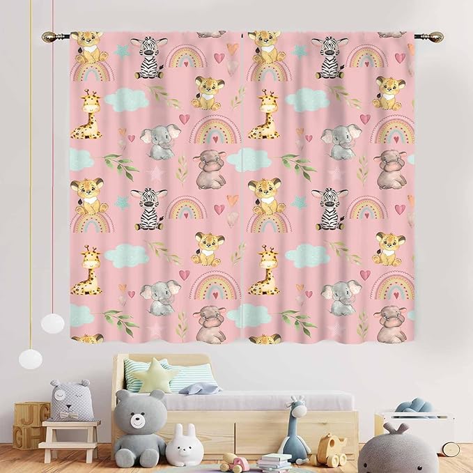 Kids Safari Animals Curtains, Cartoon Giraffe Elephant Monkey Woodland Jungle Pink Window Drapery Treatments for Boys Girls Baby Living Room Bedroom Nursery Classroom 2 Panels, 84"x84" Inch